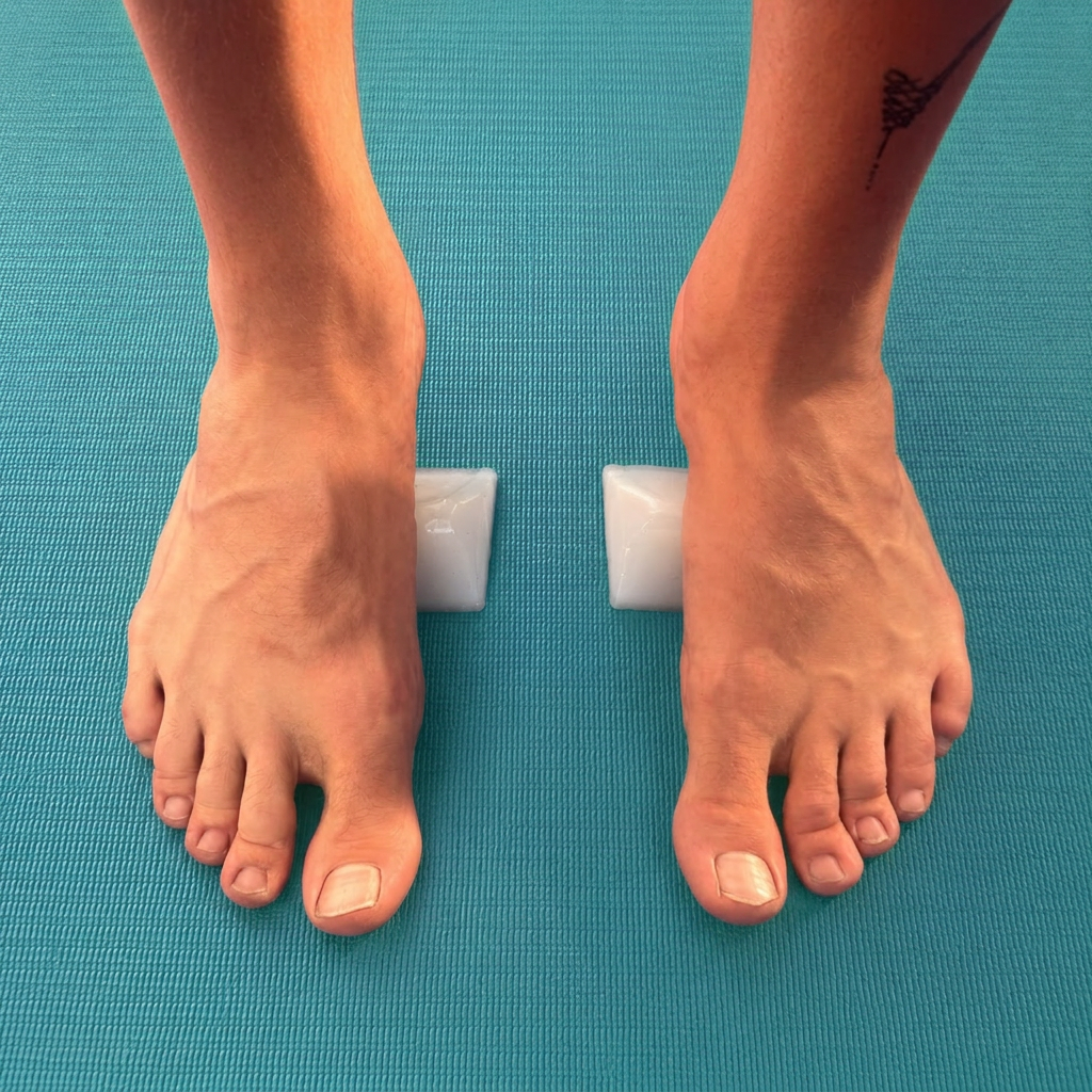 Two bare feet standing on Squedgies