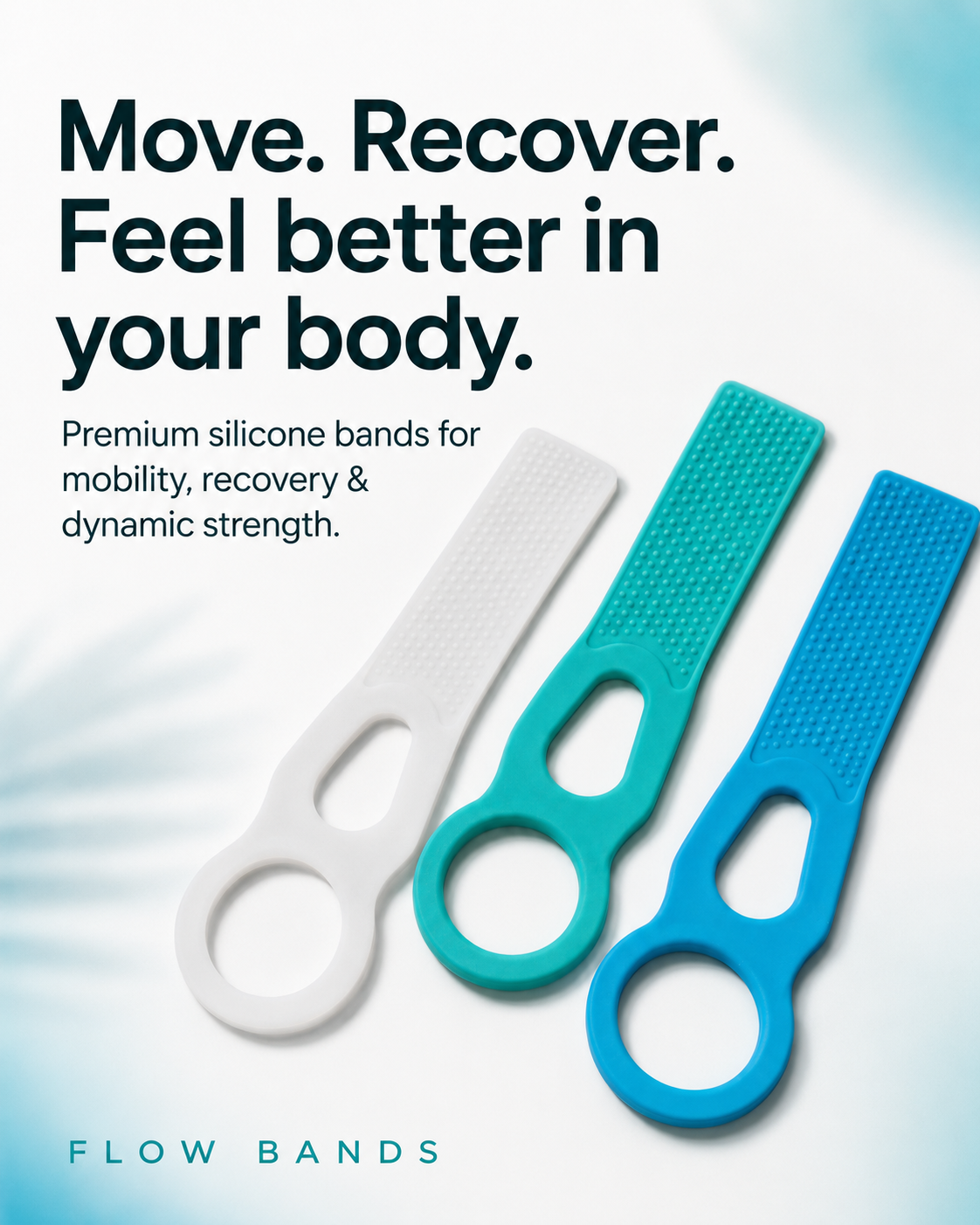 Three Flow Bands silicone mobility bands in white, teal and blue.